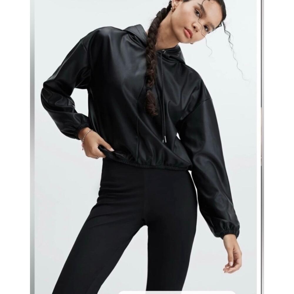 Fabletics NEW Black Vegan Leather Hoodie Pullover Sz 4X Casual Streetwear Goth
